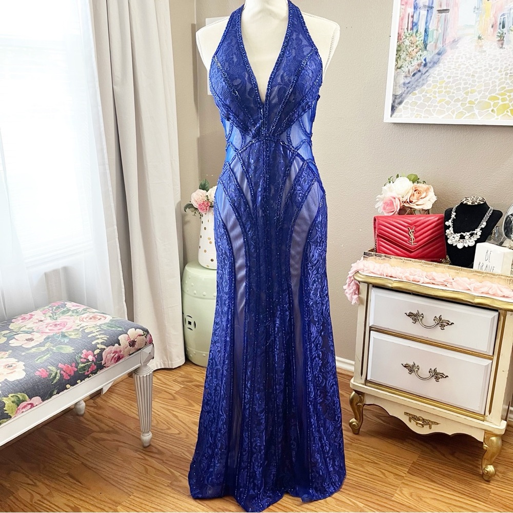 Blue Halter Prom Gown dress size 4 MISSING MANY GEMS - Picture 1 of 14